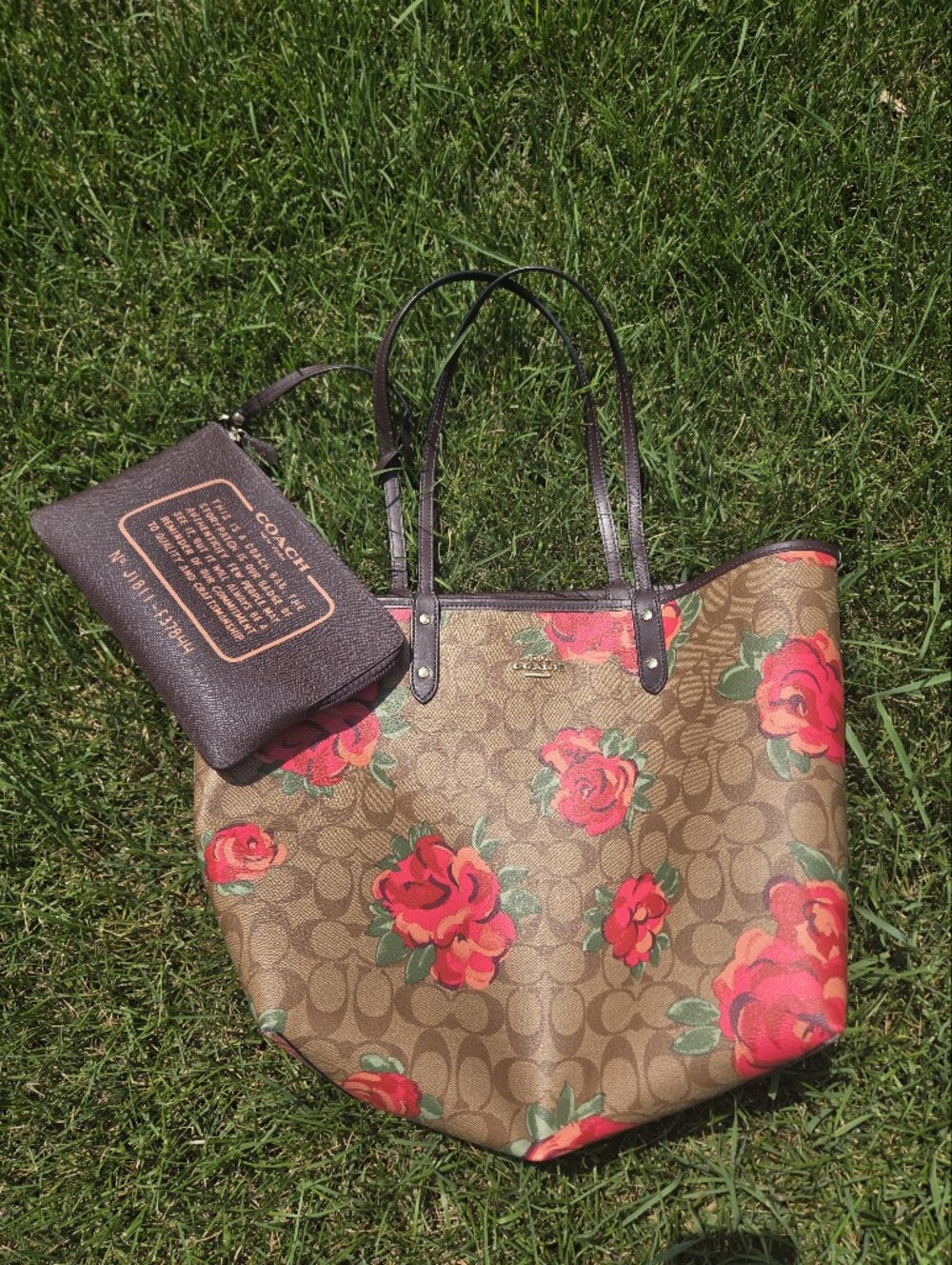 Coach Reversible City Tote Signature Canvas Red Rose Print Floral With Pouch